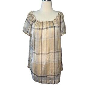 Max Mara Women's Silk Plaid Balloon Sleeve Round Neck Smock Blouse Size Small